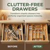 Before and after comparison of clutter-free drawers transforming chaotic utensil storage into organized spaces