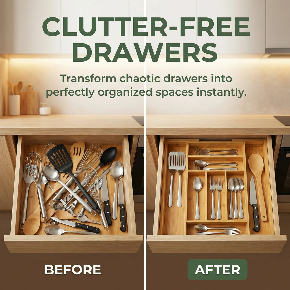 Before and after comparison of clutter-free drawers transforming chaotic utensil storage into organized spaces