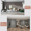 A living room decorated with vertical striped self-adhesive wall panels and wooden flooring.