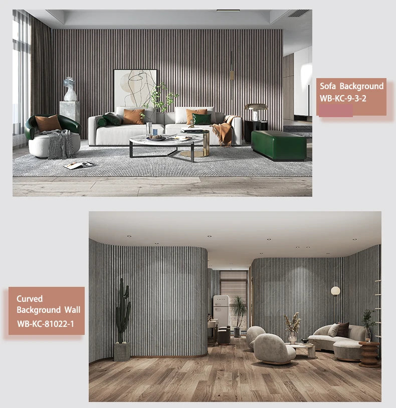 A living room decorated with vertical striped self-adhesive wall panels and wooden flooring.
