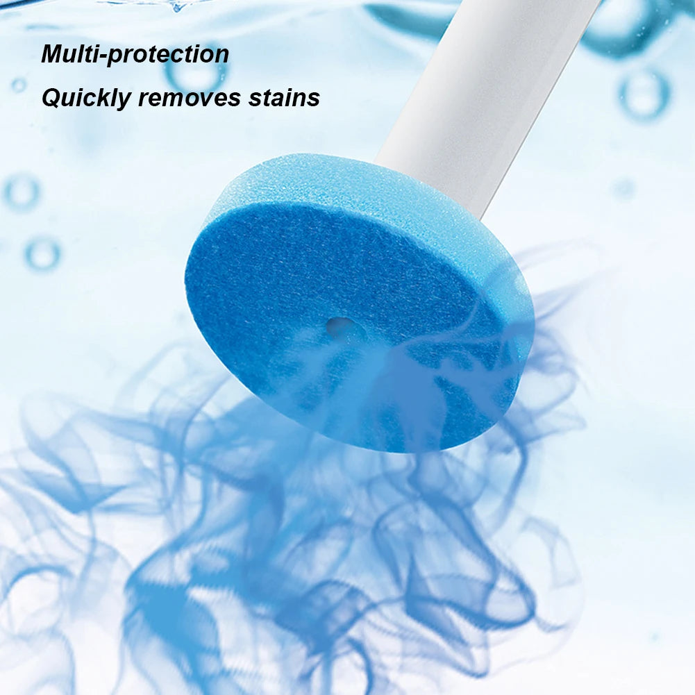 A blue sponge cleaner is shown removing stains from a surface, with text indicating multi-protection and quick stain removal.