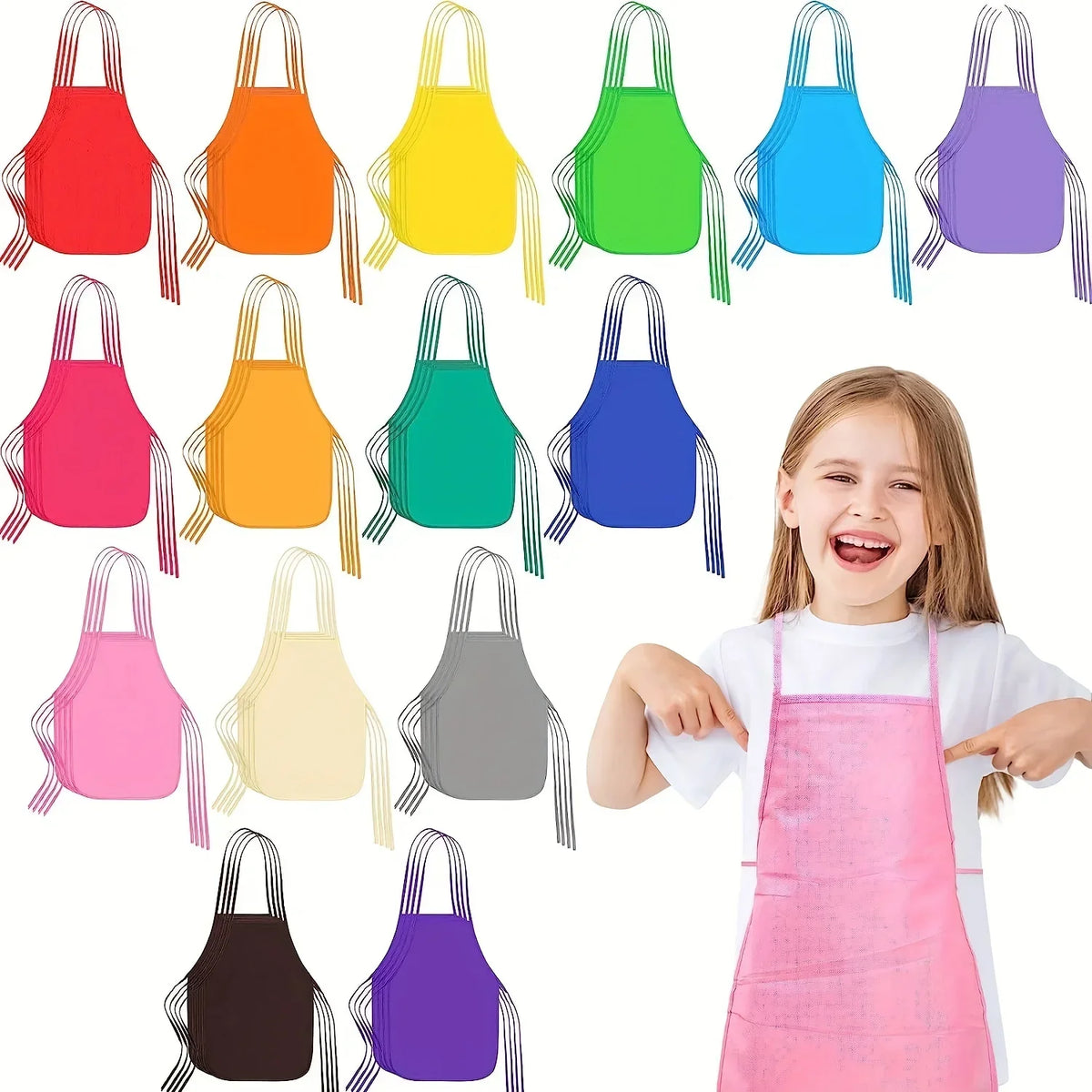 A collection of thirty colorful non-woven fabric craft aprons in various shades of red, orange, yellow, green, blue, and purp