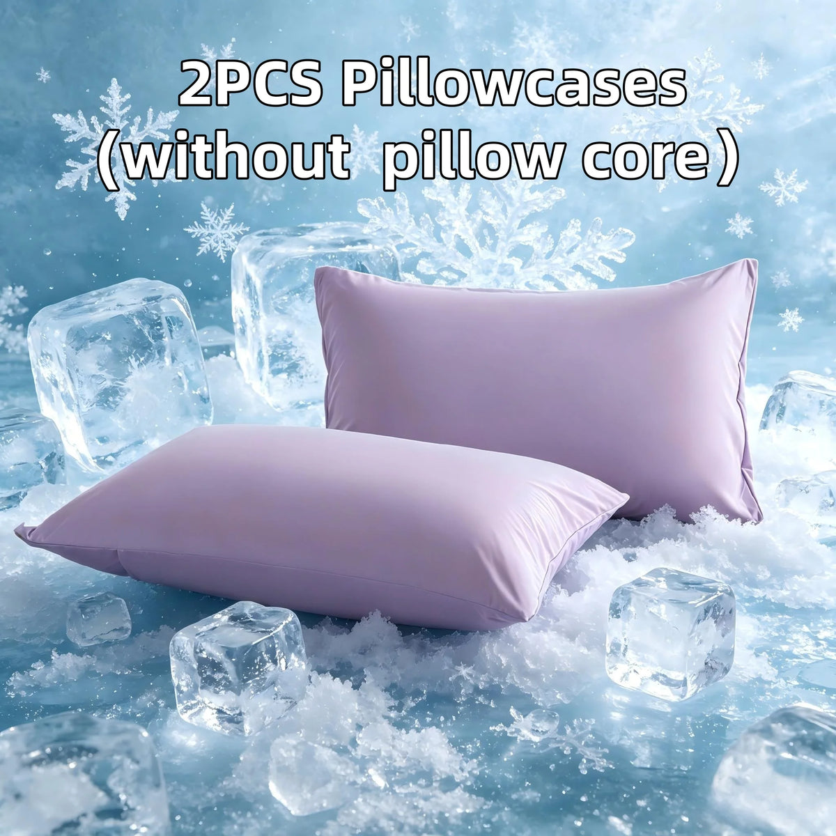 Two pink pillowcases without a core resting on ice and snow.
