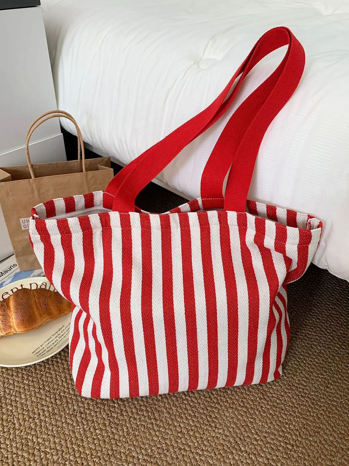 Striped Canvas Shoulder Tote Bag