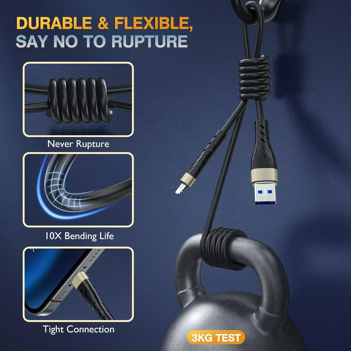A black nylon braided fast charging cable is shown hanging from a 3KG test weight, demonstrating durability and flexibility.
