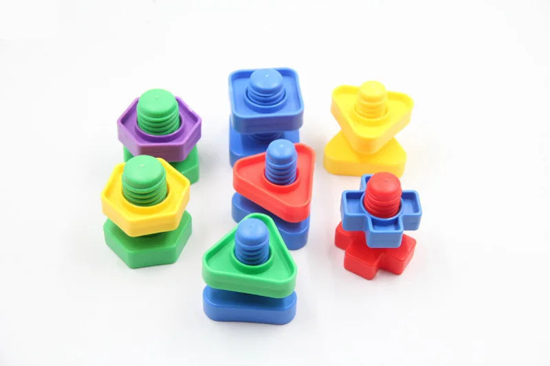 A collection of colorful screw building blocks in various colors like purple, blue, yellow, and green.