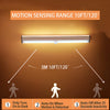 A motion sensing LED light bar mounted on a surface, demonstrating its 10ft/120 degree sensing range.