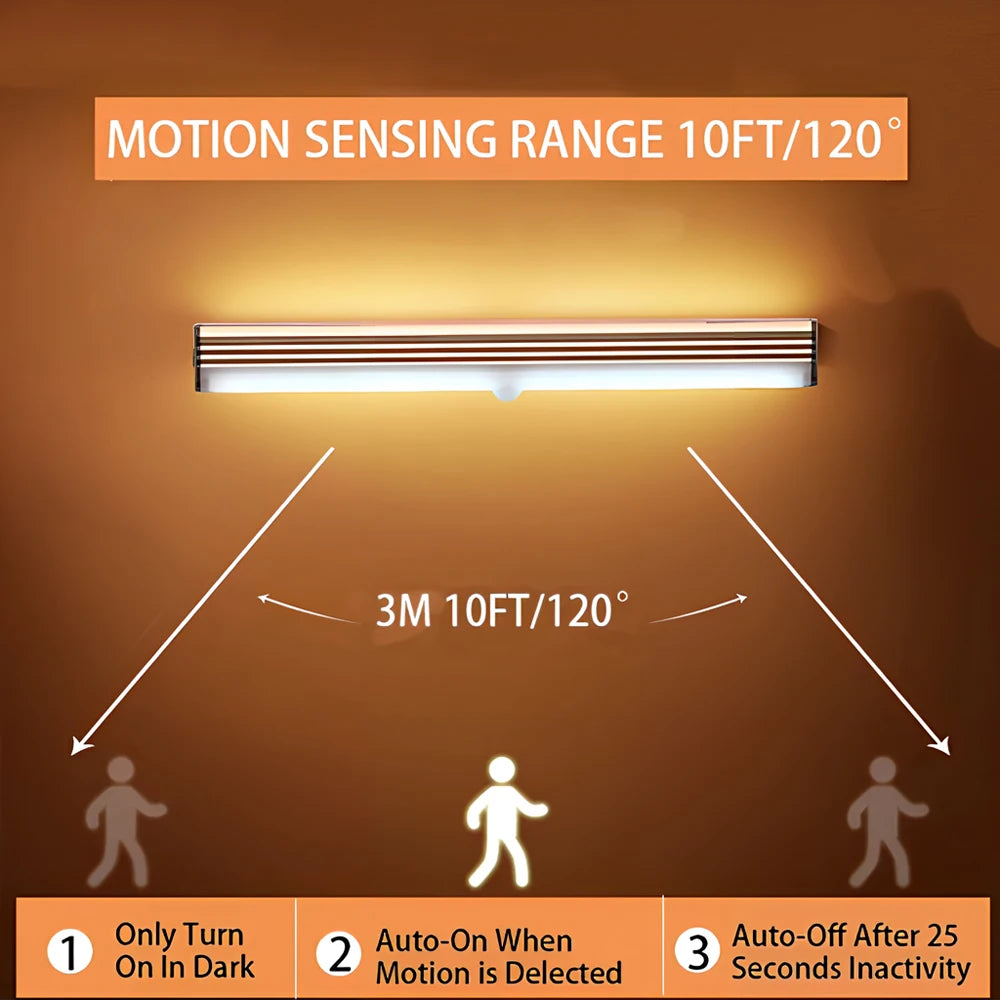 A motion sensing LED light bar mounted on a surface, demonstrating its 10ft/120 degree sensing range.