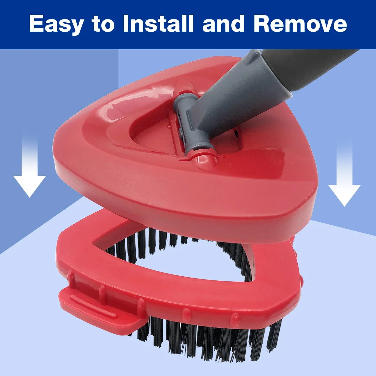 A red spin mop scrub brush and a red cleaning pad are shown for easy installation and removal.