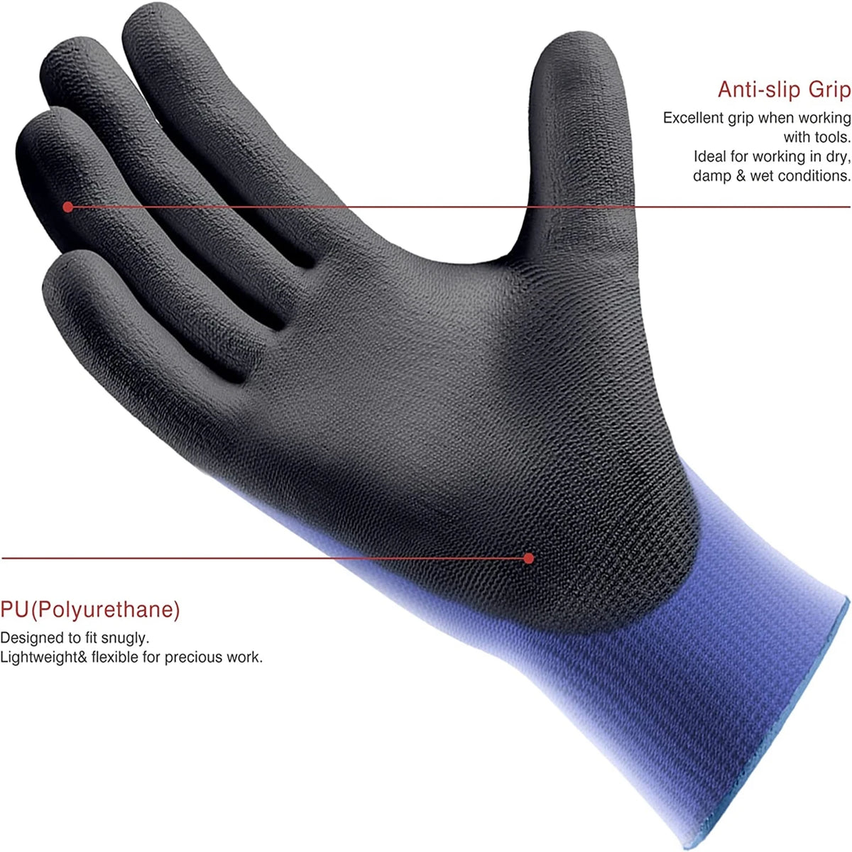 A close-up view of a black work glove with an anti-slip grip and a blue PU coating.