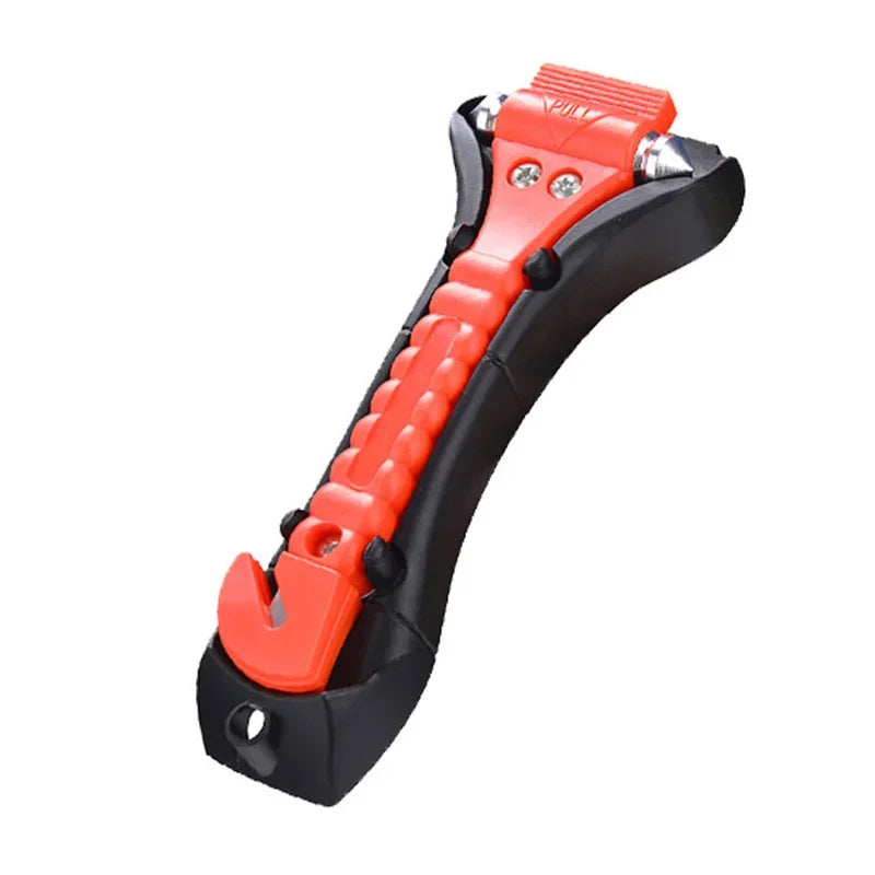 An orange and black emergency escape hammer with a seatbelt cutter tool.