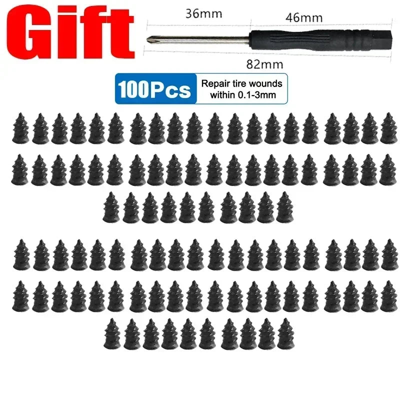 A set of black self-repair rubber tire puncture nails for repairing tire wounds.