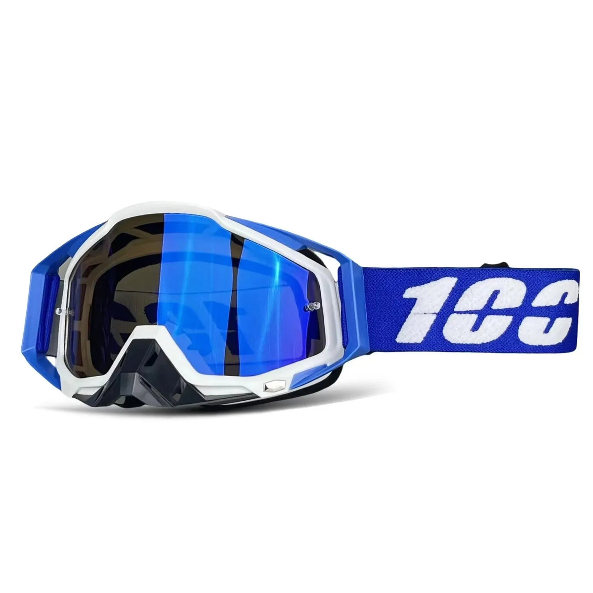 A pair of blue and black off-road motorcycle goggles with a black strap.