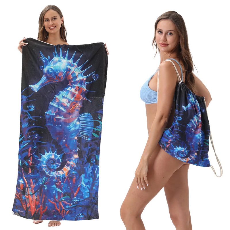 2-in-1 Microfiber Quick-Dry Beach Towel with Foldable Backpack & Storage Bag