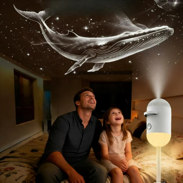 A man and a girl are relaxing in bed under the light of a 2-in-1 Galaxy Star Projector Night Light.