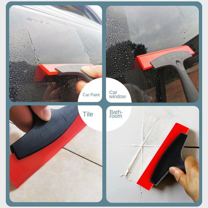 A set of red and black silicone tools used for scraping grout and sealant from tiles, car windows, and paint.