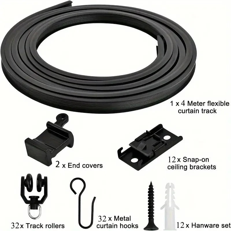 A set of black flexible curtain track components including a track, end covers, snap-on brackets, curtain hooks, and hardware