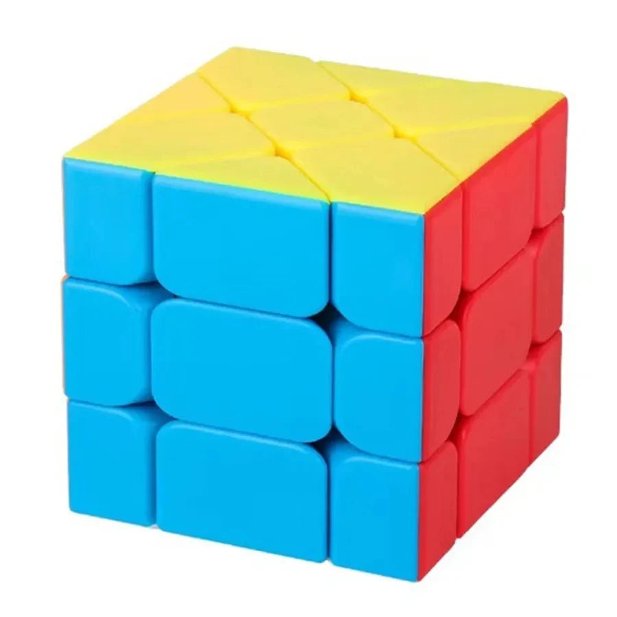 A stack of colorful, translucent puzzle cubes in yellow and red.