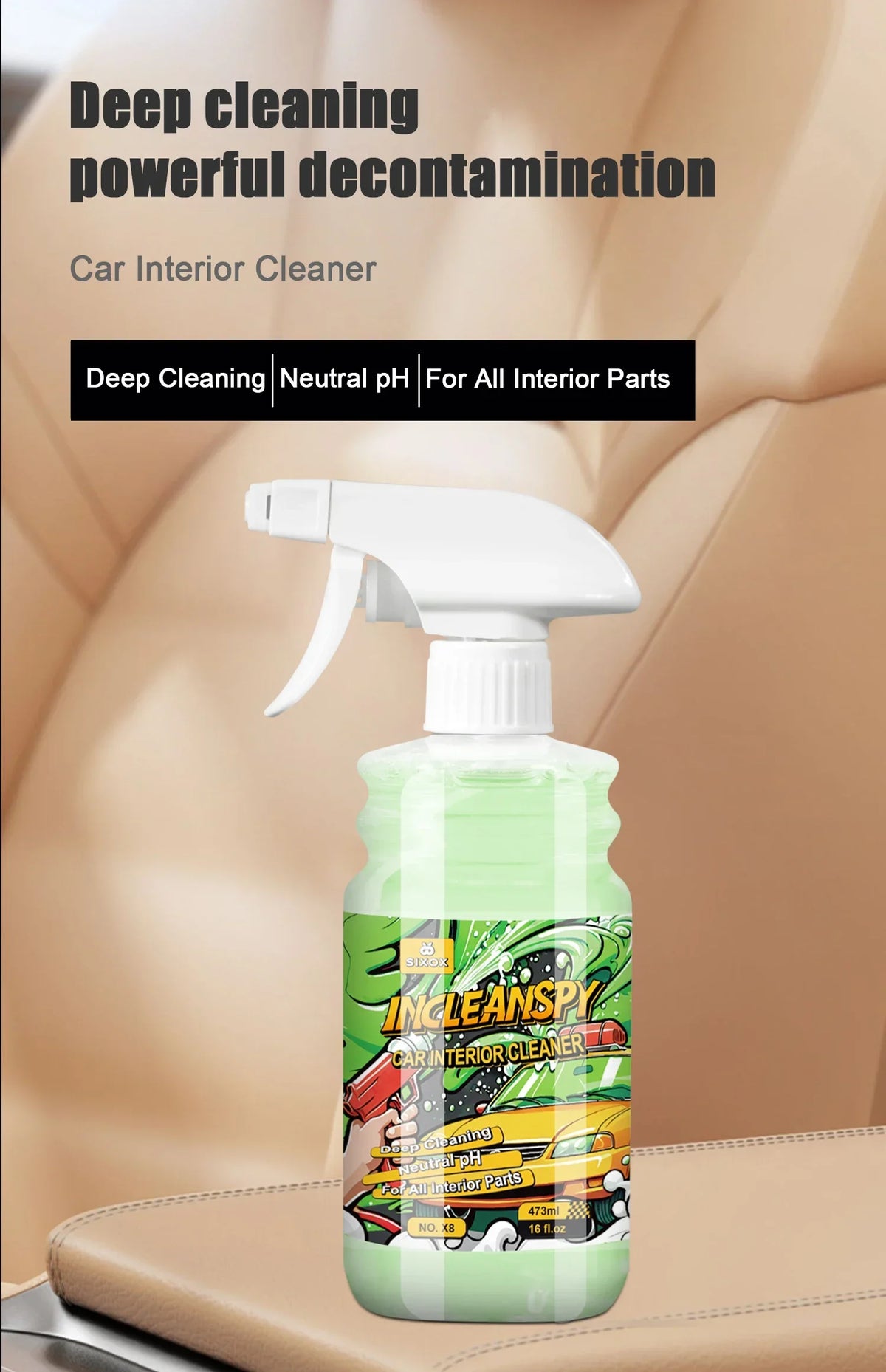 A bottle of IncleanSpy Car Interior Cleaner is shown with a white spray nozzle, set against a light background.