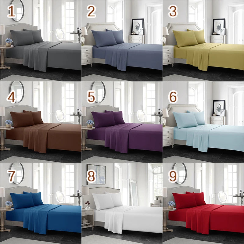 Nine variations of soft brushed microfiber bedding sets in various colors including gray, purple, yellow, blue, and red.