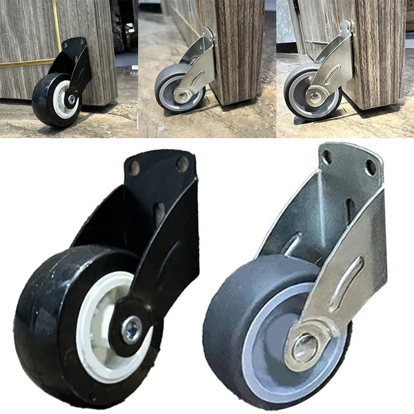 A black door bottom support wheel with a white core and a silver mounting plate.