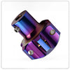 CNC machined titanium motorcycle key head cover with a metallic purple and blue iridescent finish