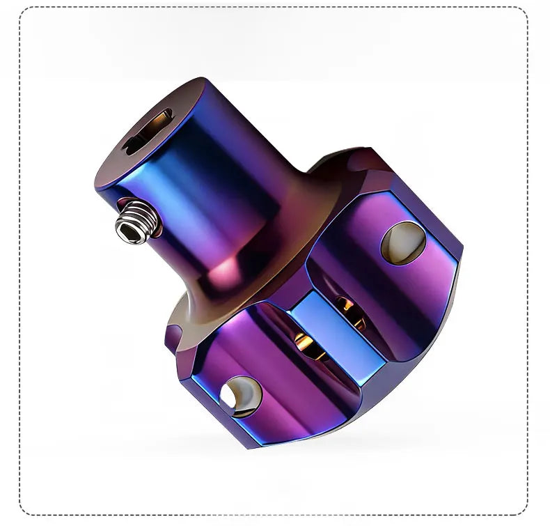 CNC machined titanium motorcycle key head cover with a metallic purple and blue iridescent finish