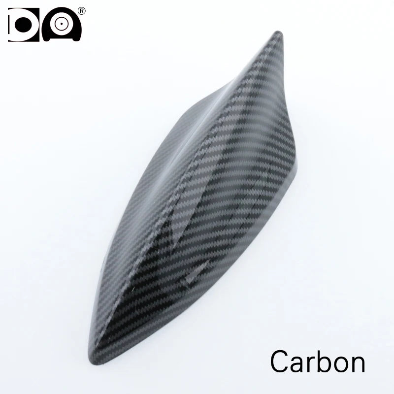 A black carbon fiber 5D shark fin car antenna with a piano paint finish.