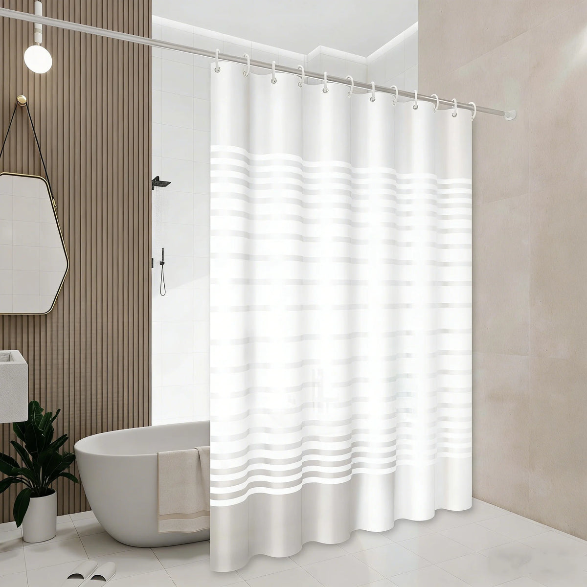 A white shower curtain with vertical stripes hangs from a rod in a modern bathroom setting.
