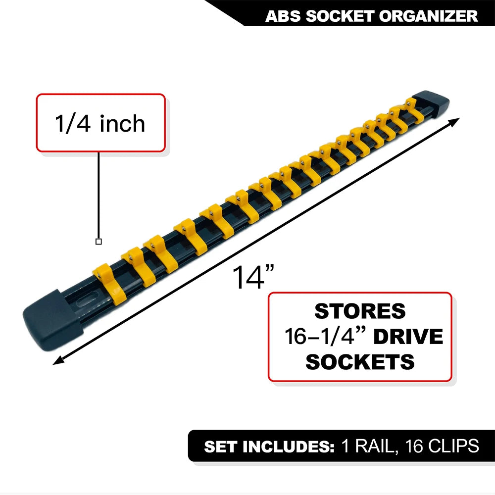 ABS socket organizer rail set with 16 clips for storing 1/4 inch drive sockets