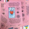 A pink Rider-Waite Tarot card depicting three swords piercing a heart with associated meanings.