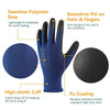 A blue work glove showing features like a seamless polyester base, sensitive PU on the palm and fingers, a high-elastic cuff,