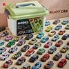 A collection of die-cast pull-back cars is displayed inside a green storage case.