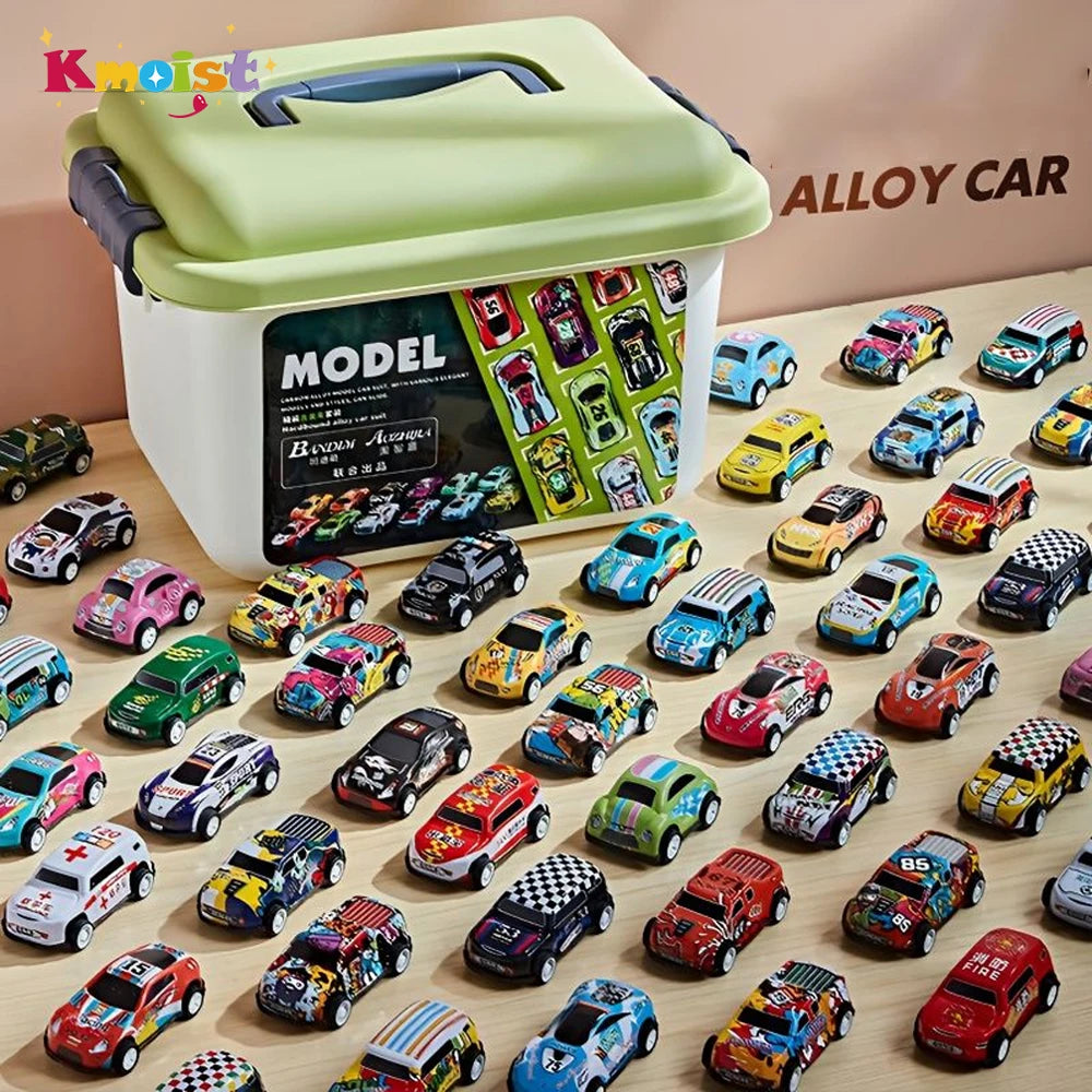 A collection of die-cast pull-back cars is displayed inside a green storage case.