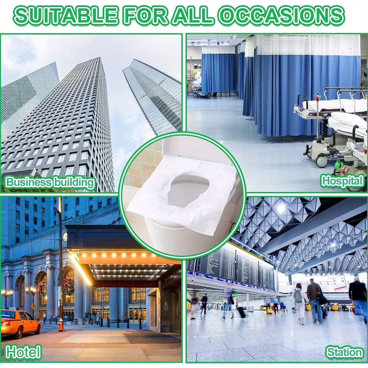 A collage showing flushable disposable toilet seat covers used in various contexts like business buildings, hospitals, hotels