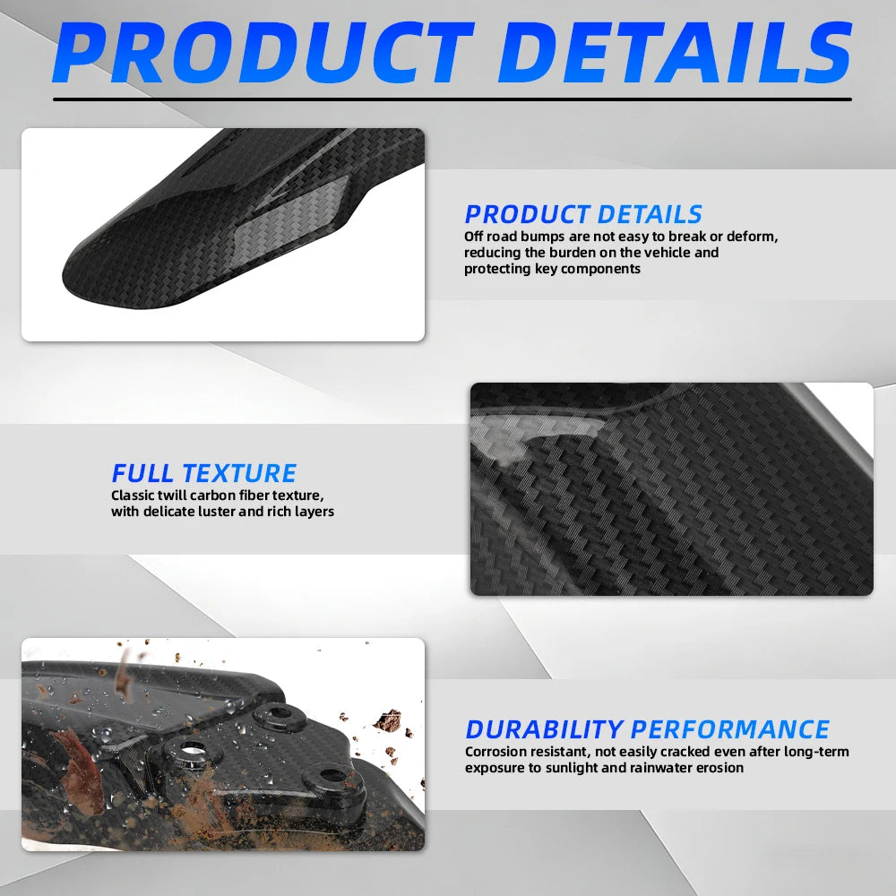 Close-up view of a black carbon fiber fender for an electric dirt bike, showing texture and durability.
