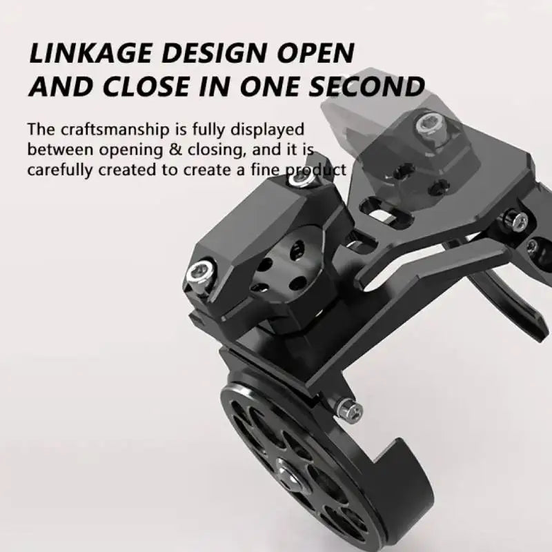 Soporte plegable negro para portavasos de motocicleta, mostrando su diseño de conexión.