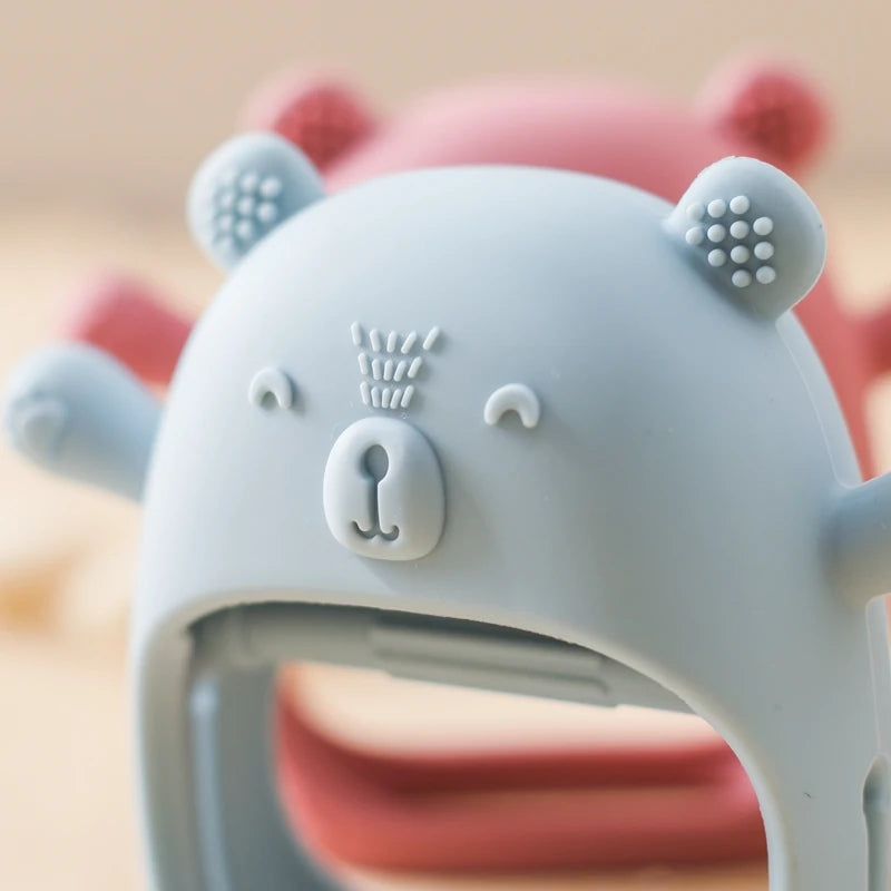 Baby Teething Gloves with Cartoon Bear Design