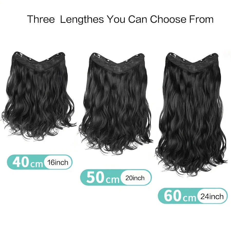 Three lengths of black synthetic long wavy clip-in hair extensions are displayed for selection.