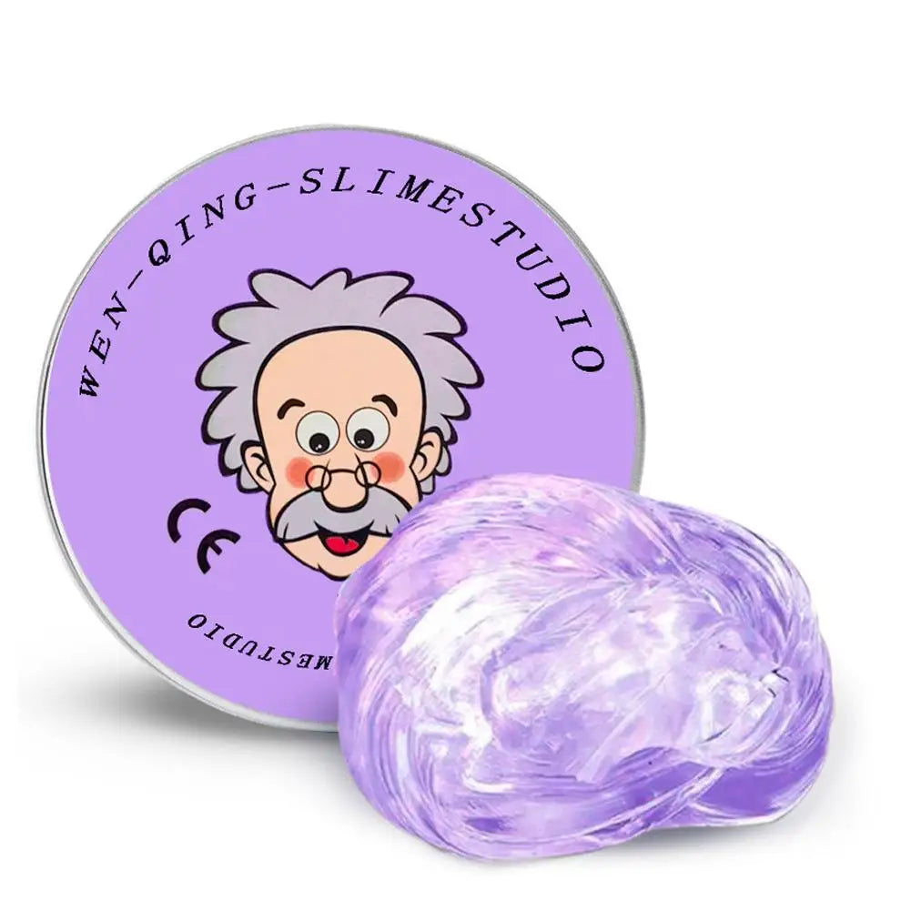 A purple crystal clear stress putty in a round tin labeled Wen-Qing-Slimestudio.