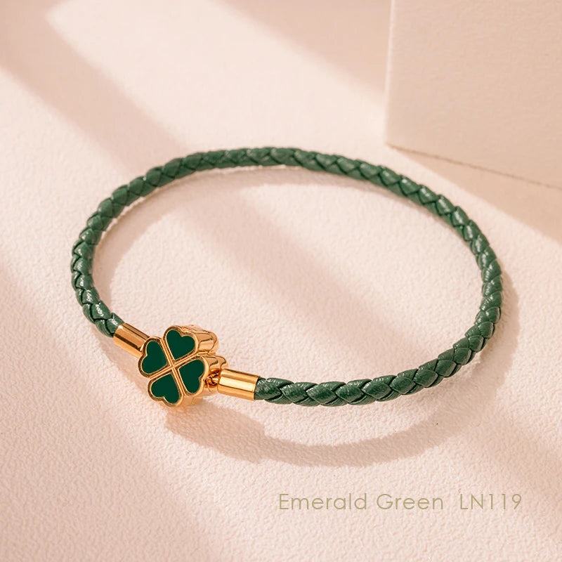 Four-Leaf Clover Braided Leather Bracelet