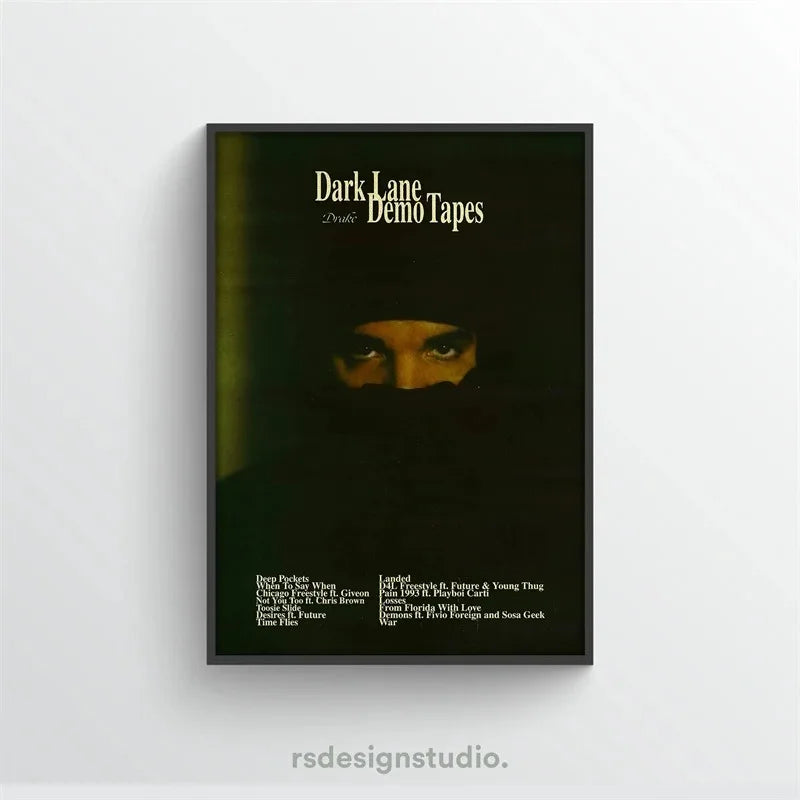 A black framed canvas print featuring dark imagery and the title Dark Lane Demo Tapes.