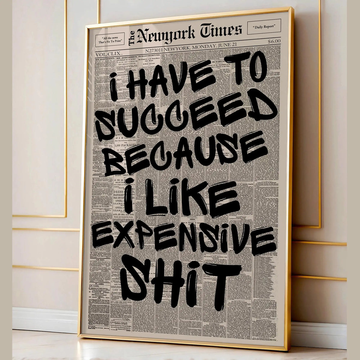 Framed canvas wall art featuring a black and white newspaper-style quote about liking expensive shit