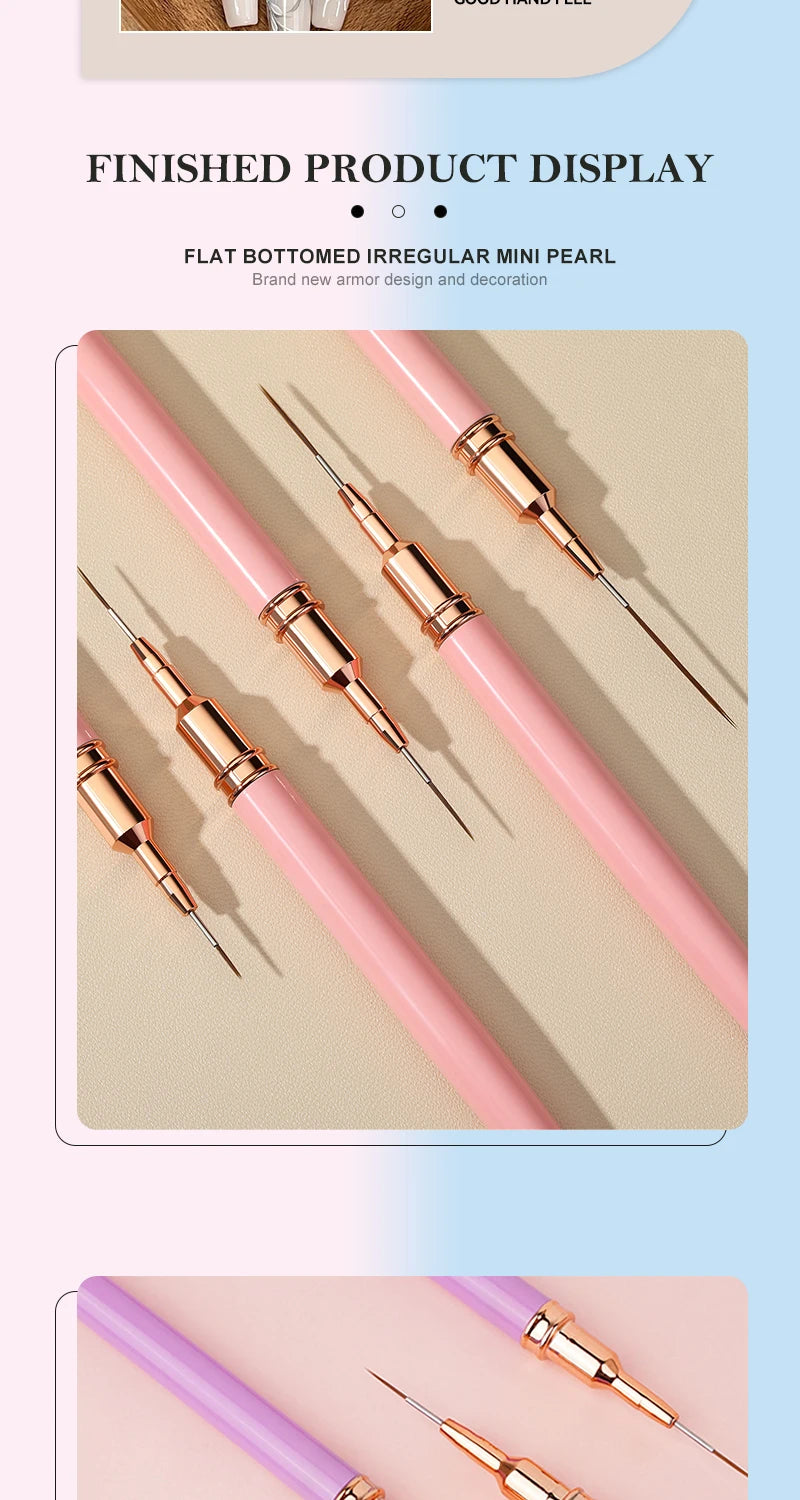 A set of five professional nail art liner brushes in pink and gold tones displayed against a neutral background.