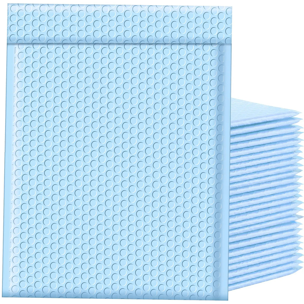 A stack of light blue bubble mailers, a 100 pack of padded self-seal shipping envelopes.