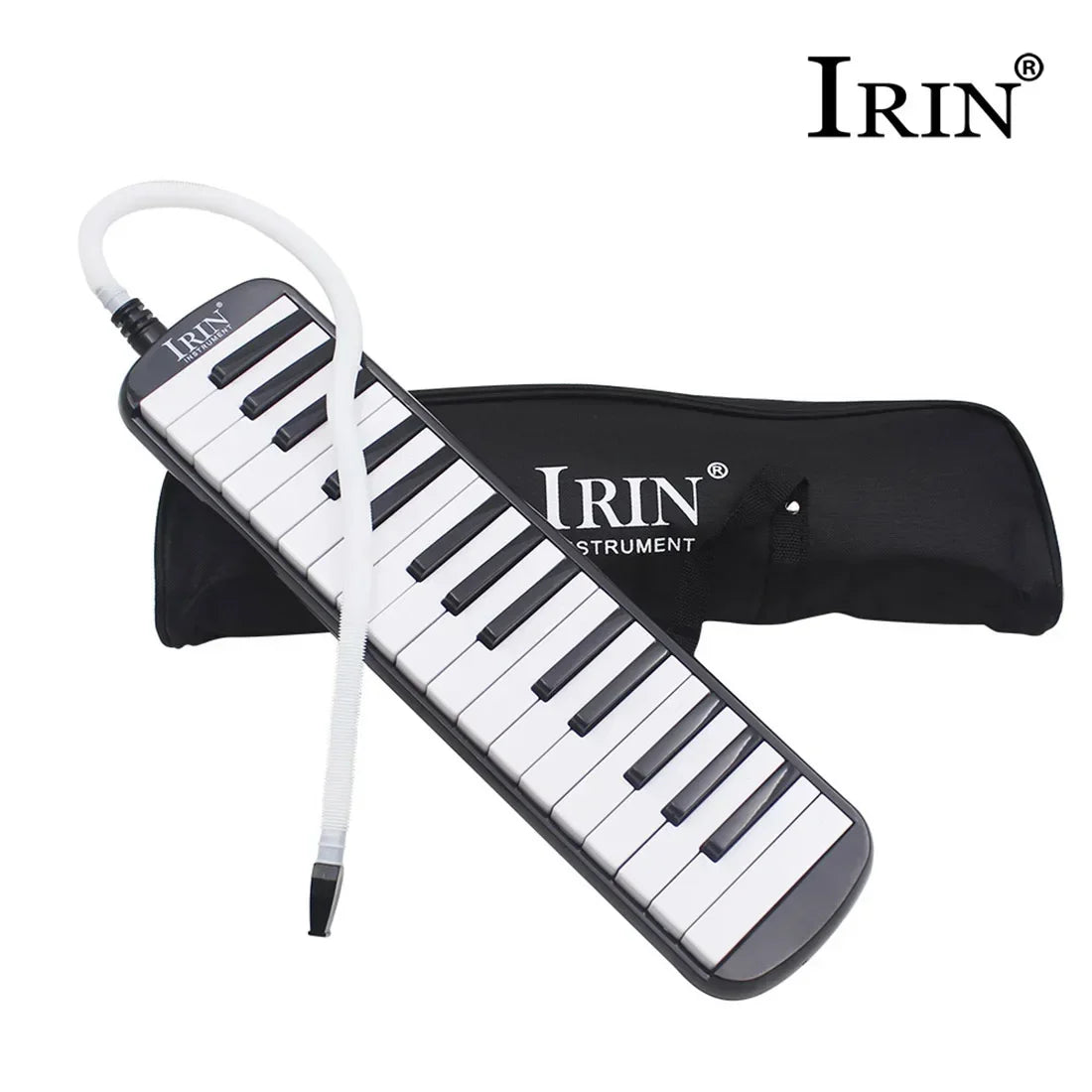 A white 32-key Melodica instrument with a black case and mouthpiece is shown.