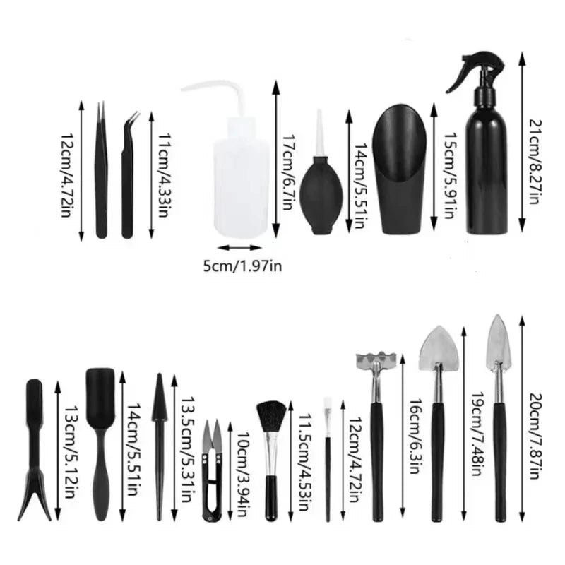 A collection of gardening tools including tweezers, nippers, and various small hand tools for succulent and bonsai care.