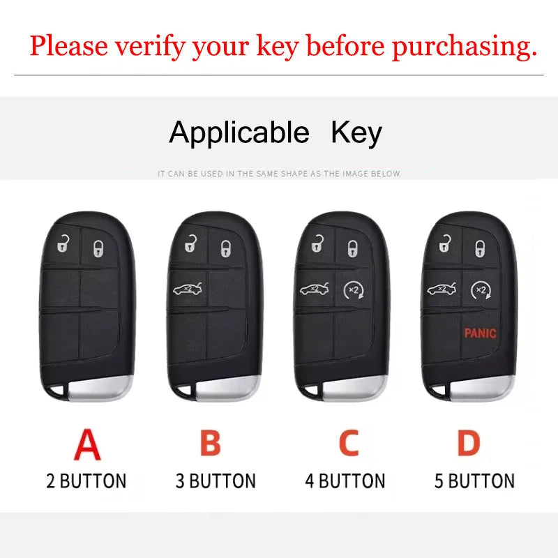 Five black key fob covers labeled A through D showing different button configurations for vehicle keys