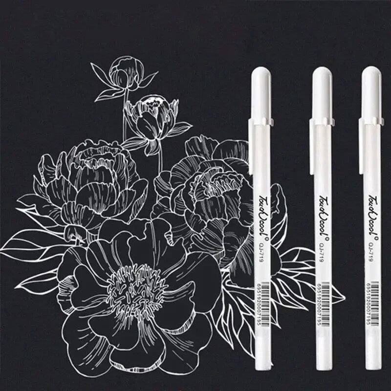 A set of white ink gel pens for drawing and highlighting shown against a black background.
