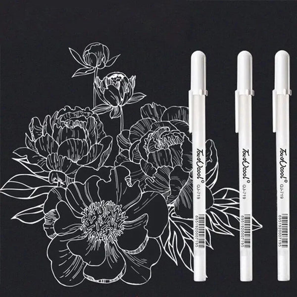 A set of white ink gel pens for drawing and highlighting shown against a black background.
